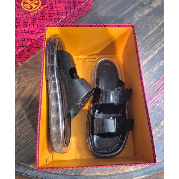 TORY BURCH $228 BLACK BUCKLE JELLY SLIDE SANDAL Shoes Sz 9 Summer Beach pool - Picture 3 of 16
